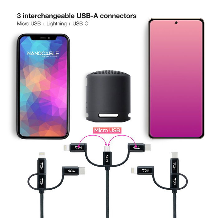 Nanocable Cable USB 3 en 1 Carga/Datos USB-A a USB-C/Micro USB/Lightning, 1 m, Negro Nanocable Cable USB 3 en 1 Carga/Datos USB-A a USB-C/Micro USB/Lightning, 1 m, Negro
